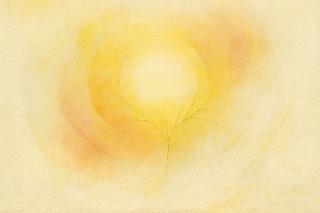 The Source of Us An abstract painting of glowing golden circles and delicate branches reaching upward — The Source of Us by Peer Design.