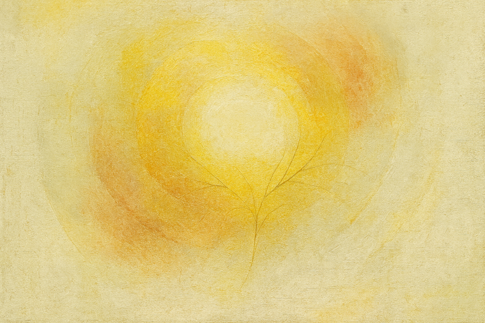 A radiant golden circle surrounded by soft concentric rings, with delicate branching lines rising from below on a textured pale-gold background — The Source of Us by Peer Design