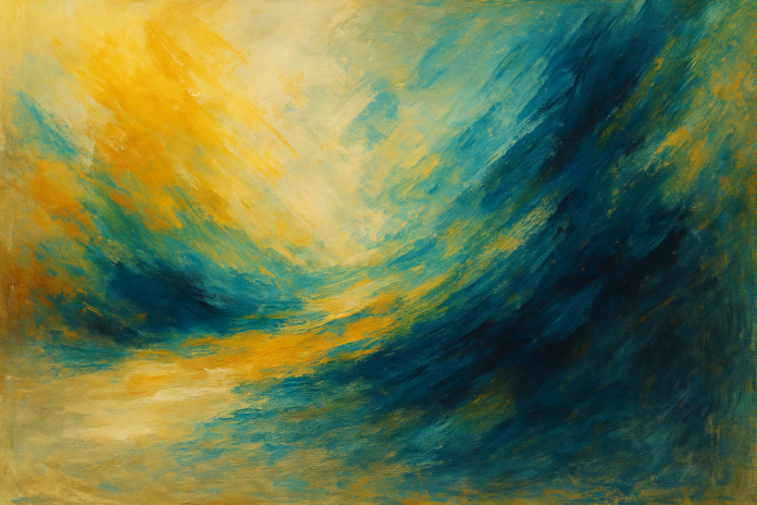 An abstract painting of golden light and deep blue storm clouds sweeping across a lake — Stormlight by Peer Design