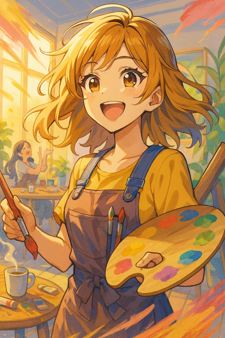 A smiling painter with auburn hair holds a paintbrush and a wooden palette in a sunlit studio filled with colourful art supplies - Light in the Mornings - Illustration by Peer Design