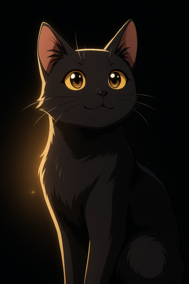 A seated black cat with large golden eyes and upright ears is outlined by warm golden light against a dark background — Anjee by Peer Design