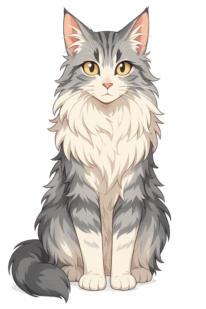 A seated silver-grey and white Maine Coon with a long fluffy coat, tufted ears and golden eyes, facing forward — Milli by Peer Design