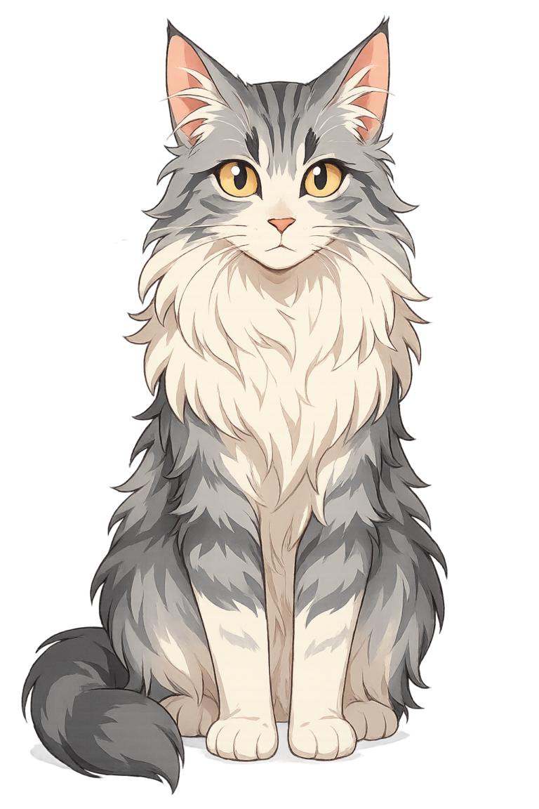 A seated silver-grey and white Maine Coon with a long fluffy coat, tufted ears and golden eyes, facing forward — Milli by Peer Design