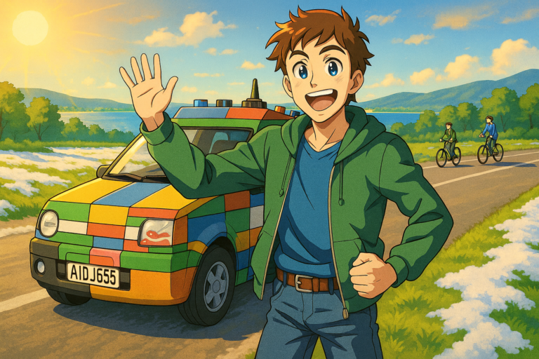 A smiling figure in a green jacket waves beside a colourful car on a sunny lakeside road, with cyclists and hills behind — Rolling Free - Illustration by Peer Design